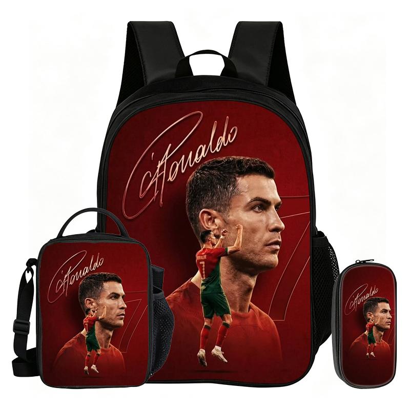 Ronaldo 3Pcs Set School Backpack Football Sport Backpack,Pencil Bags,with Lunch bag,Football Star Bookbag Knapsack