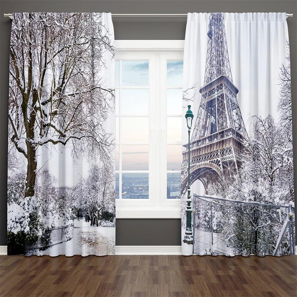 

3D Print Modern Mask Pink Couple Eiffel Tower Roses 2PCS Shading Window Curtain For Living Room Bedroom Decor Rod Pocket W50xH130(CM)x2PCS-Rod pocket