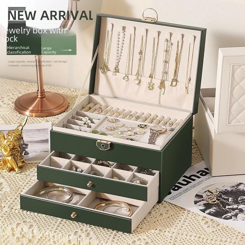 Exquisite dreischichtige Schmuckaufbewahrungsbox mit großem Fassungsvermögen und mehrschichtiger Schublade für Halsketten, Ohrringe und Handschmuck