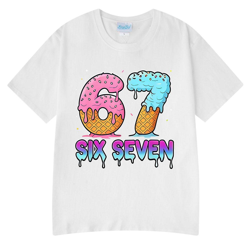 Six Seven 67 Funny Ice Cream Meme Cartoon T Shirts Unisex Women Clothing Fashion Harajuku Summer Cotton Casual Short Sleeve Tshirt