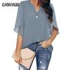 Tricou de vară de damă cu mânecă scurtă, elegant, casual, de culoare uni, cu decolteu în V, cămașă din șifon Topuri de damă