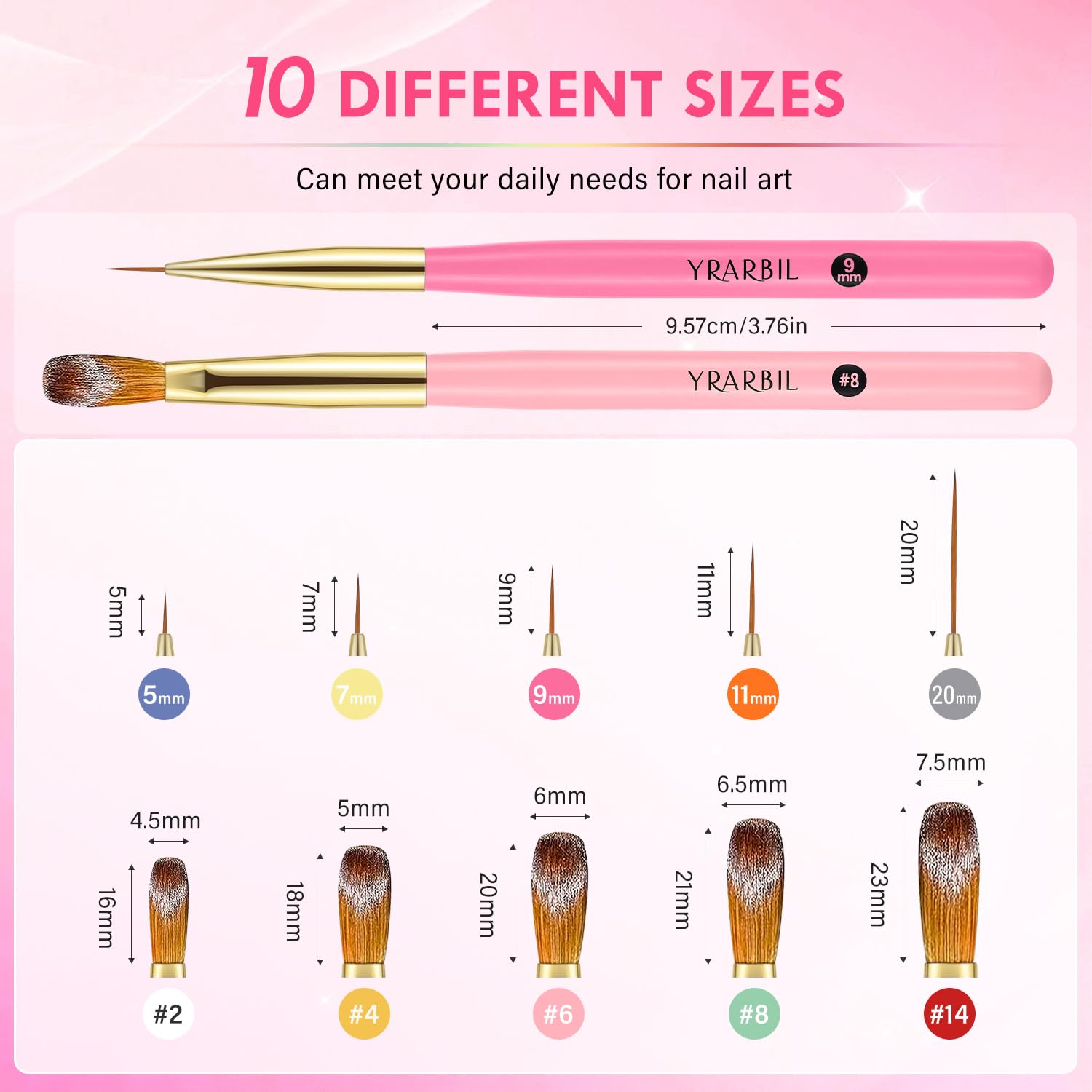 Набор из 5 кистей для дизайна ногтей и 5 кистей для акриловых ногтей для рисования гель-лаком, дизайна, тонких длинных линий, 3D-лепки, наращивания ногтей и