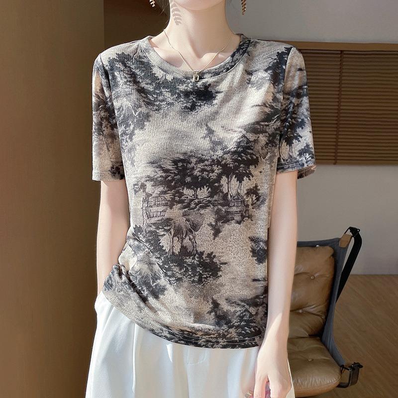 Women's New Summer Tie-dye Ink Painting Short-sleeved Casual Versatile Thin Positive Shoulder Round Neck T-shirt