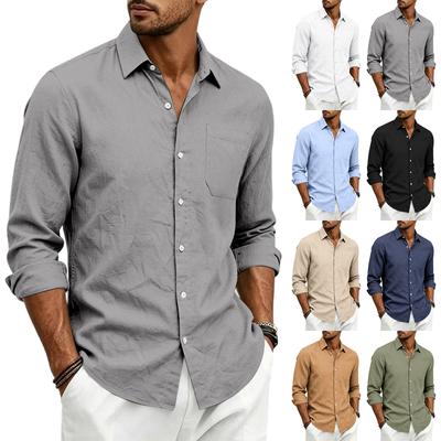 Camisa Masculina de Linho de Manga Longa Gola Ponta Bolso Único no Peito Casual Leve Respirável para Primavera Outono Uso Diário