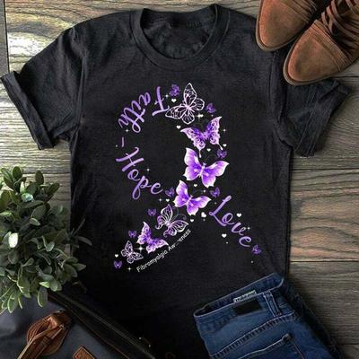 Faith Hope Love Fibromyalgia Awareness Purple Ribbon Butterfly T-Shirt