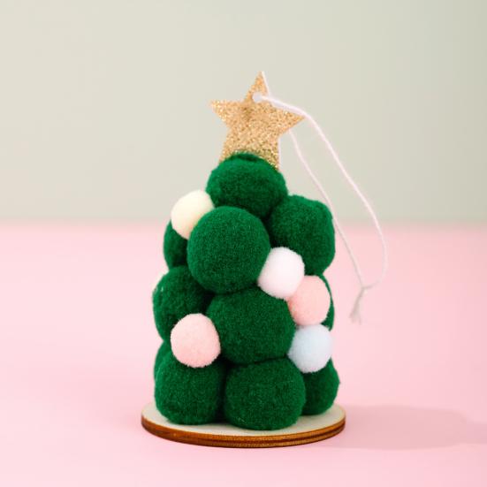 Plush Christmas Tree Ornament, Cute Pom Pom Balls Tree-Shaped Hanging Pendant with Star Tree Topper for Tree Wreath Home Party Decoration
