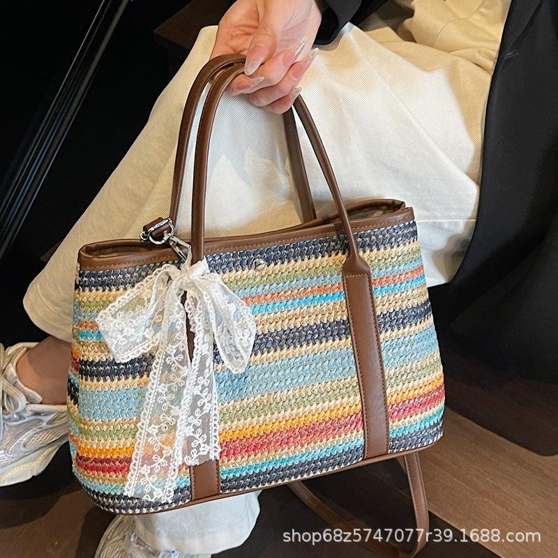 Beach Bag Women's 2025 New Spring and Summer Fashion Popular Shoulder Bag Large Capacity Woven Bag Commuter Tote Bag