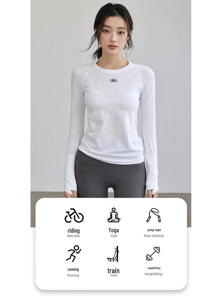 Women's Quick-Dry Sports Yoga Long-Sleeve T-Shirt - Round Neck, Versatile for Autumn/Winter Training