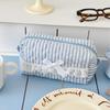 Pink Blue Bow Striped Cosmetic Bag Cute Lace Makeup Pouch Large Capacity Women Cosmetic Organizer Storage Bags