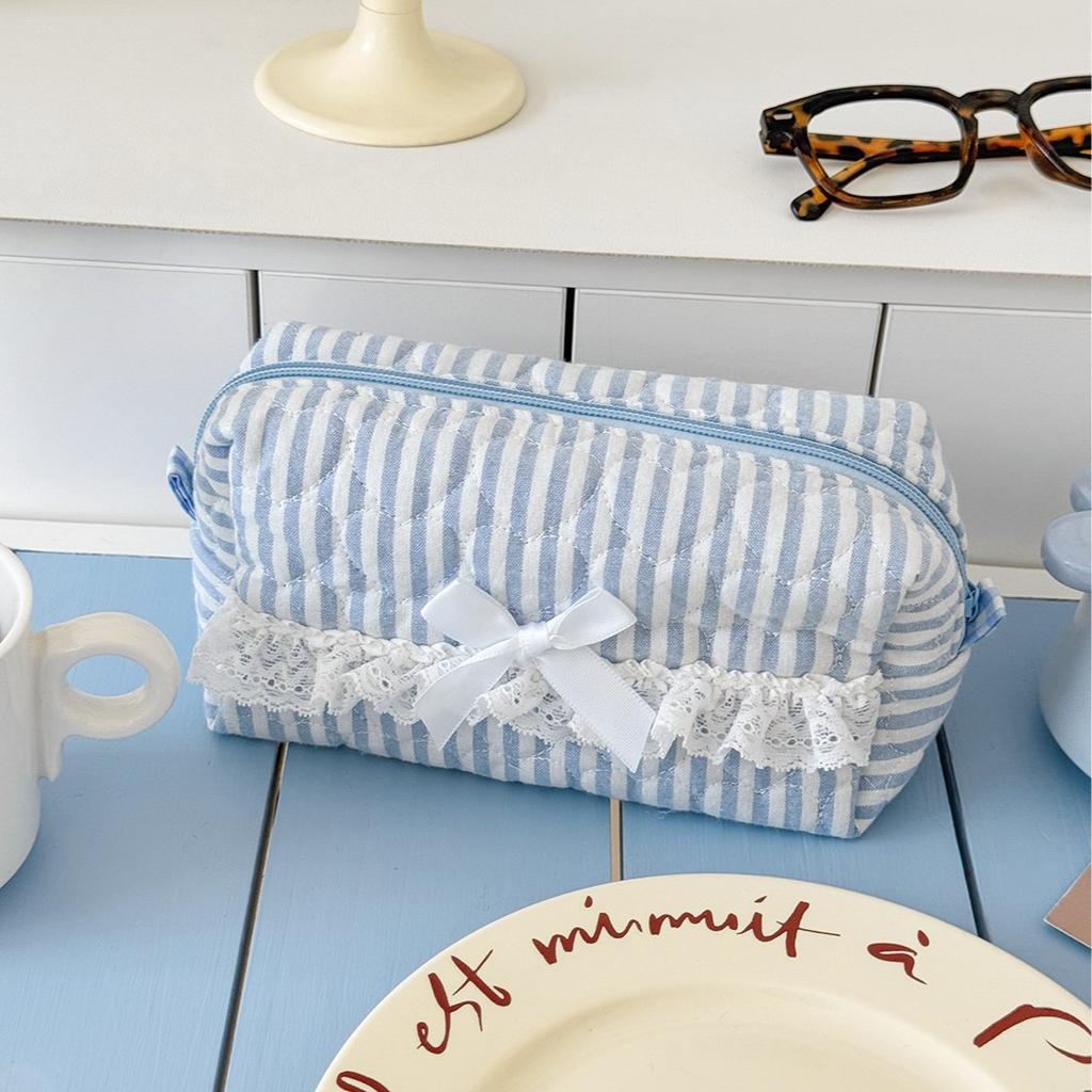 Pink Blue Bow Striped Cosmetic Bag Cute Lace Makeup Pouch Large Capacity Women Cosmetic Organizer Storage Bags