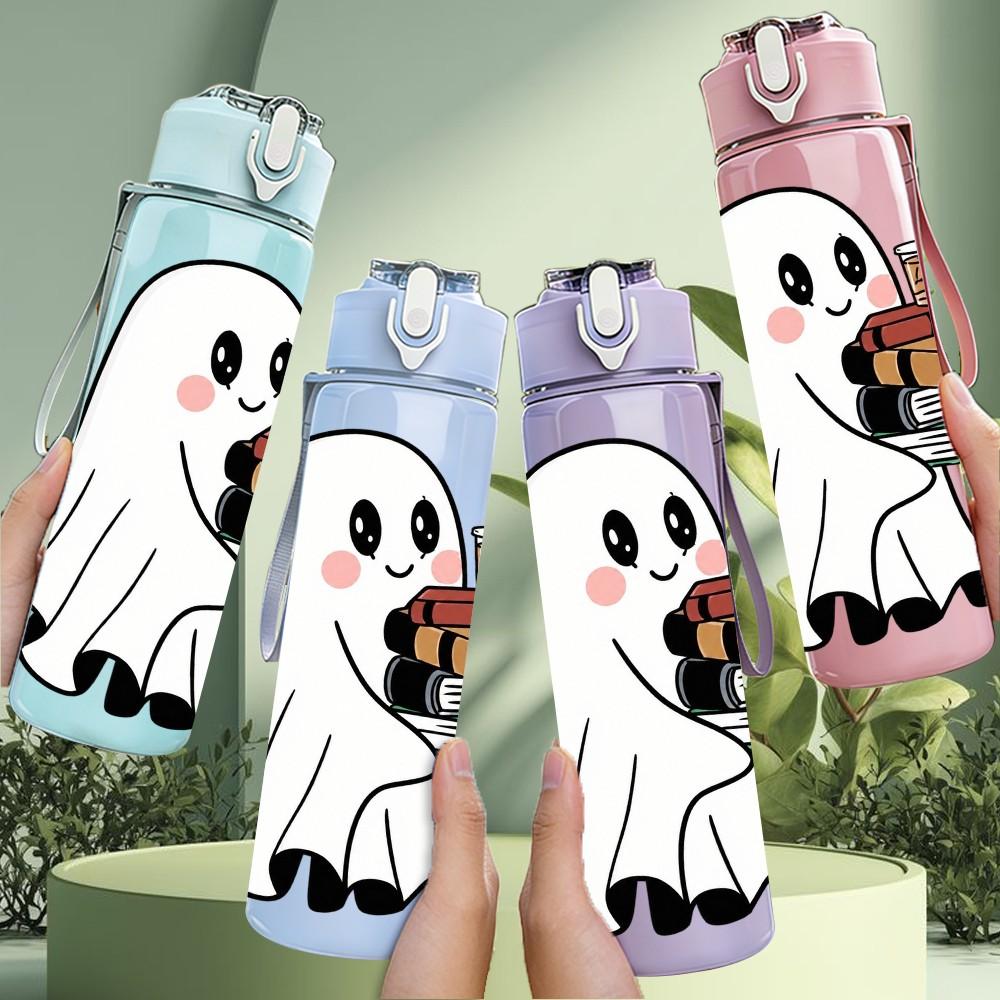 1PC Halloween Ghost Reading Book 750ml Color Plastic Sports Water Bottle Leakproof Flip Straw Lid Suitable for Sports Office Home Use