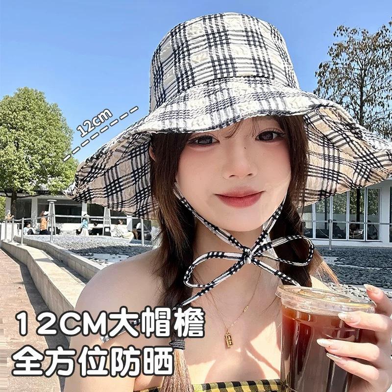Plaid Sun Protection Bucket Hat Simple Age Reduction Sun Hat Women's Big Eaves Hat UV Protection Outdoor Basin Hat