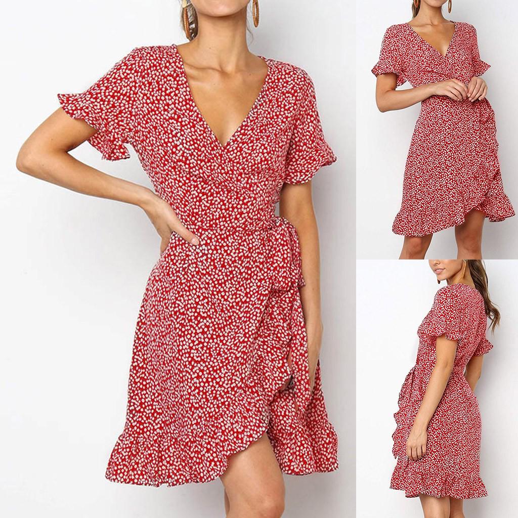 

Женское бандажное платье с V-образным вырезом и коротким рукавом с цветочным принтом, нерегулярное богемное платье