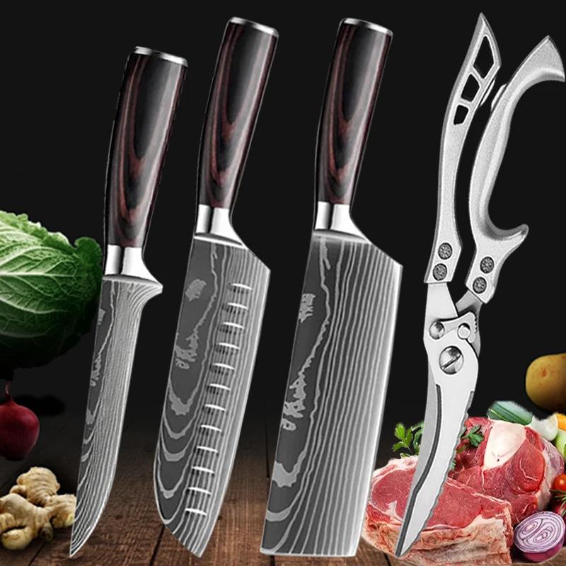Damascus Laser Japanese Chef Knife Scissor Set Professional Kitchen Knives Santoku Knife Stainless Steel Boning Utility Knife