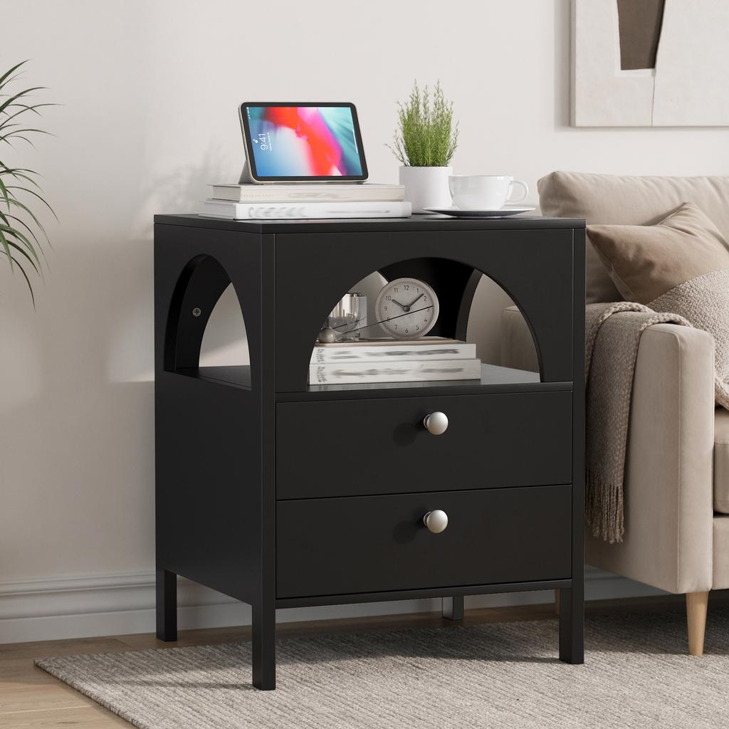 Modern Nightstand with 2 Drawers and 1 open compartment, suitable for living room, bedroom and hallway, black,45 x 40 x 58 cm,1 piece