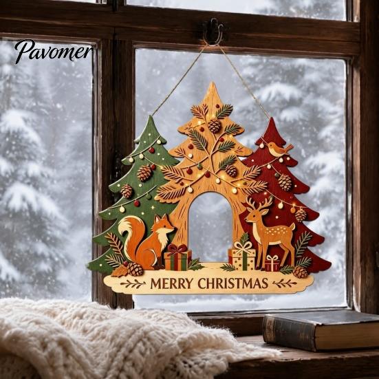 Christmas Front Entrance Sign Wooden Hanging Ornament, Multi-Layer Tree Wood Plaque Vintage Window Decor with Rope, Merry Festive Door Wall