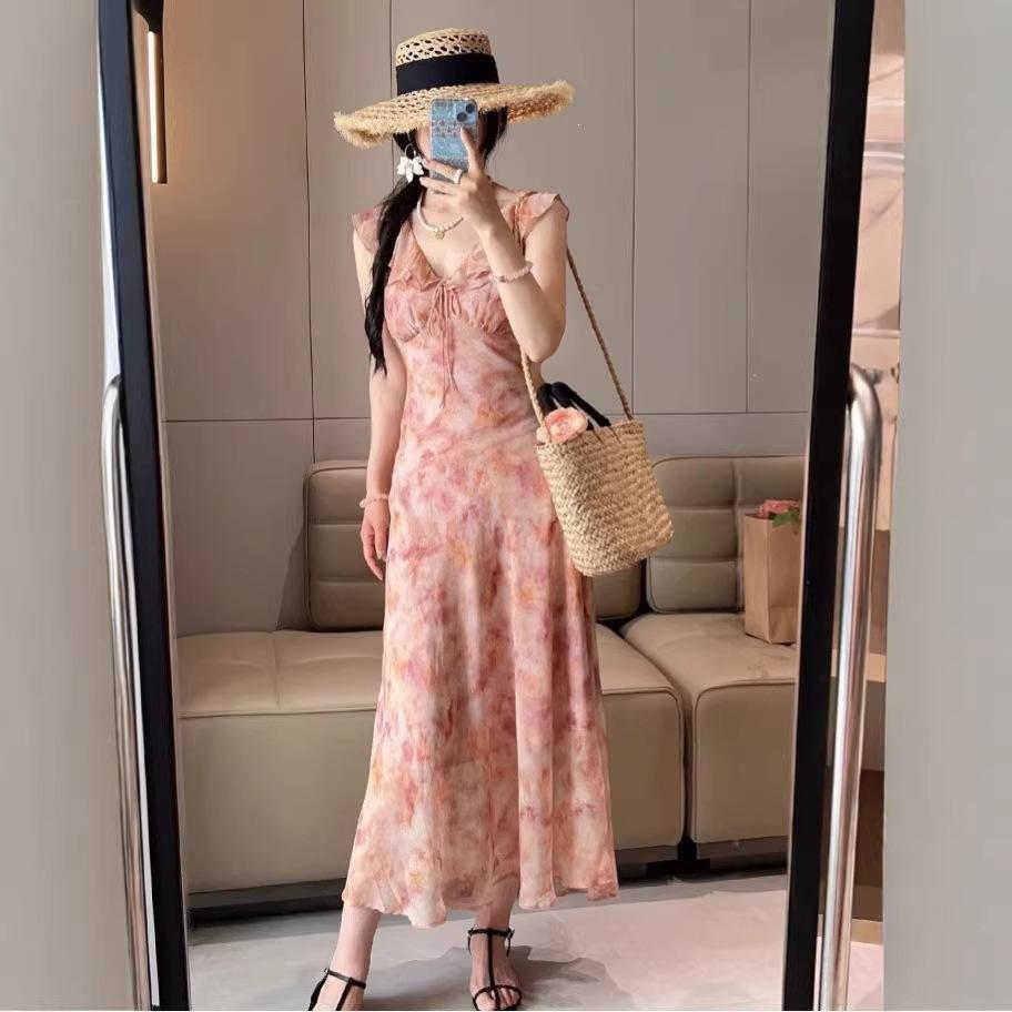 French retro V-neck pink ruffle edge floral suspender dress women's summer new waist and thin skirt
