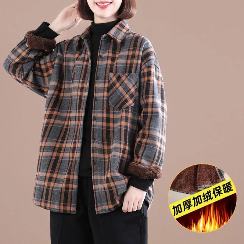 Women's Winter Brushed Plaid Long Sleeve Mid-Length Coat