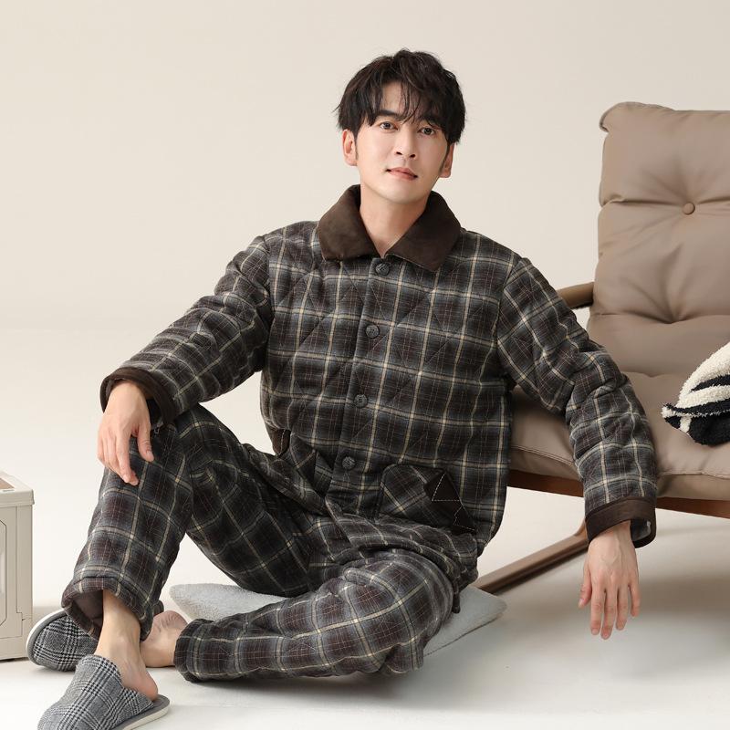 Pajamas Men'S Winter Pure Cotton Padded Three-Layer Thickened Piled Padded Cotton Woven Warm Autumn And Winter Loungewear Set