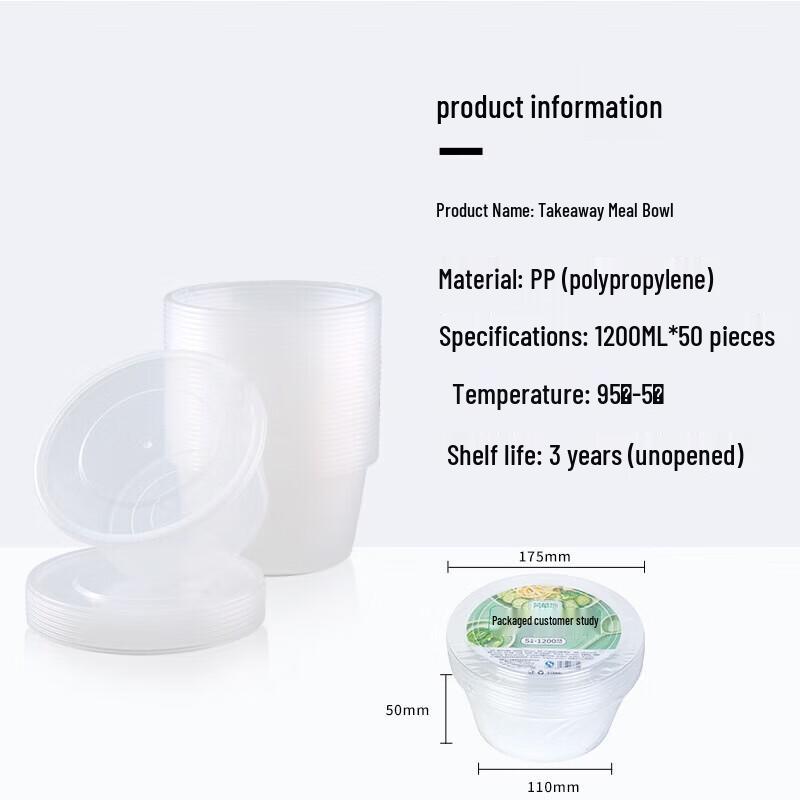 Fangcao 1200ml Disposable Plastic Bowls (50 Pcs)