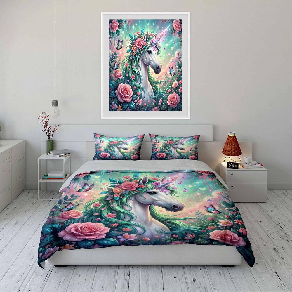 Unicorn with Flowers and Butterflies Bedding Duvet Cover Set (1*Duvet Cover 2*Pillowcases, without duvet insert)