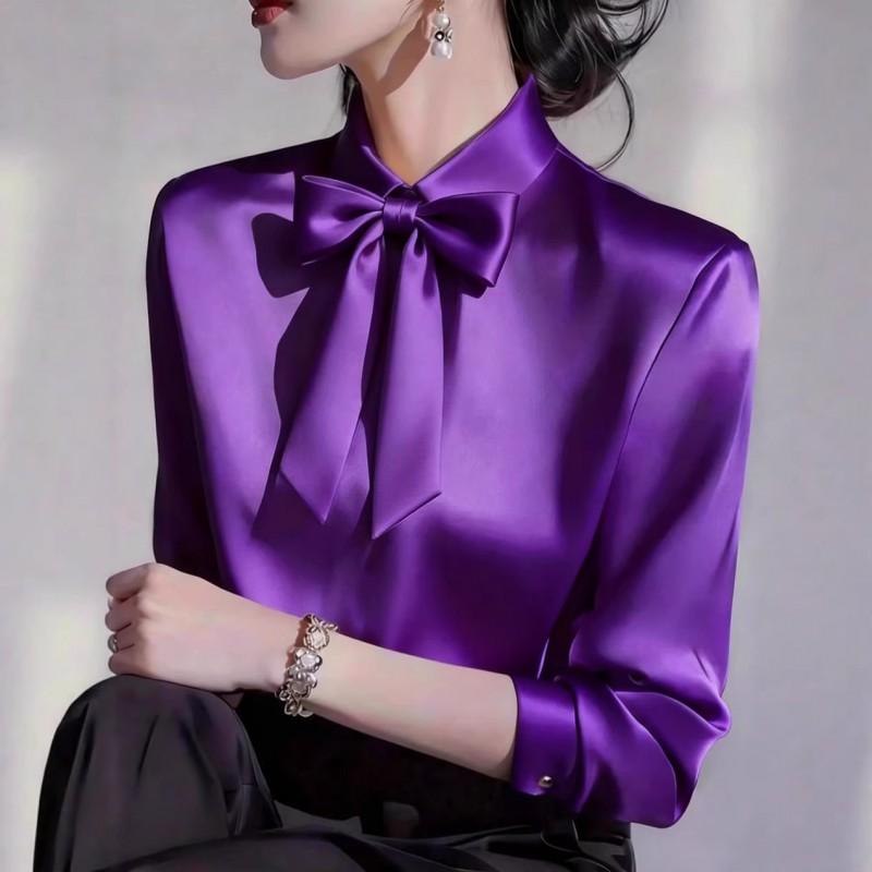 2026 Womens Long Sleeve Blouse With Bow Collar Elegant Casual Shirt In Solid Colors