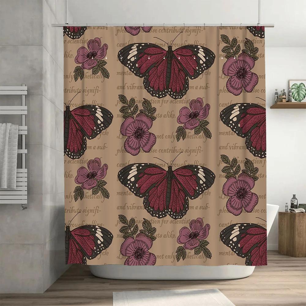 Pink Butterfly Floral Shower Curtain Decorative Water-Resistant Waterproof Fabric Bath Rug Set for Home Decoration