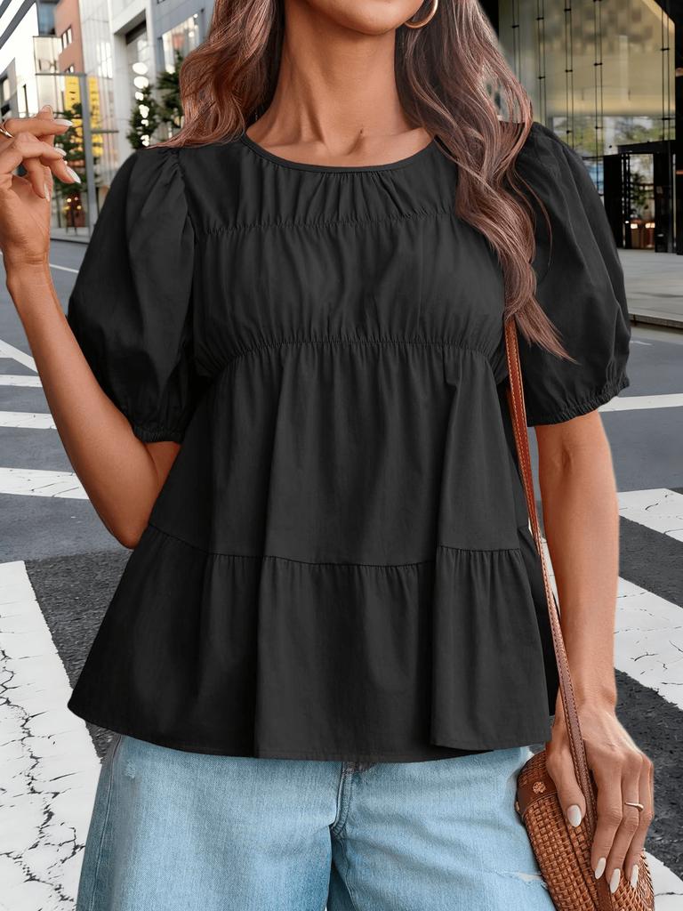 Blusa da Donna in Cotone Babydoll Manica a Sbuffo Smocked Peplo Top Svasato