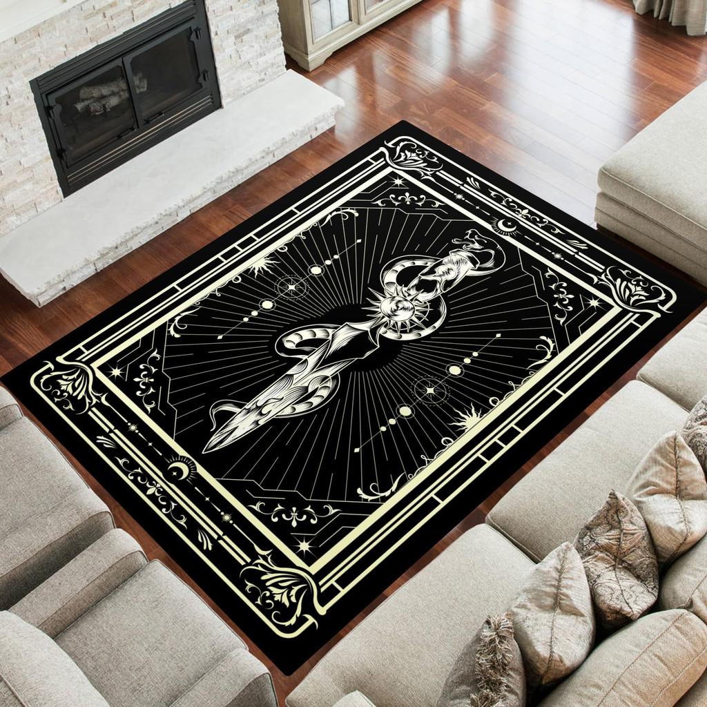 Bohemian Celestial Print Rug, Black & Beige Snake & Star Non-Slip Floor Mat for Living Room Bedroom Witchy Home Decor Carpet