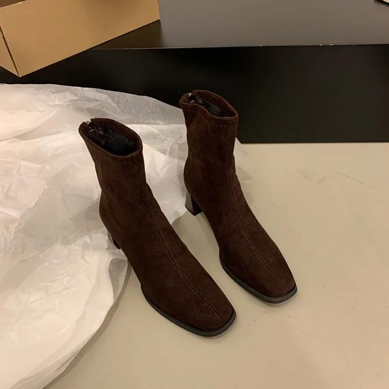 

мода Женские эластичные ботильоны Модные элегантные современные тонкие короткие ботинки Осень-зима Laides Молнии сзади Обувь 35 коричневый