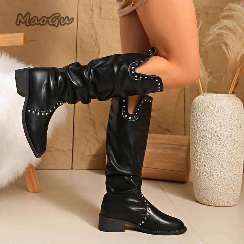 Fashion Rivet Decor Mid-Tube Boots Autumn New for Women Black PU Mid Heel Long Leather Boots Pleated Slip on Bottes Femmes Fashion Botas