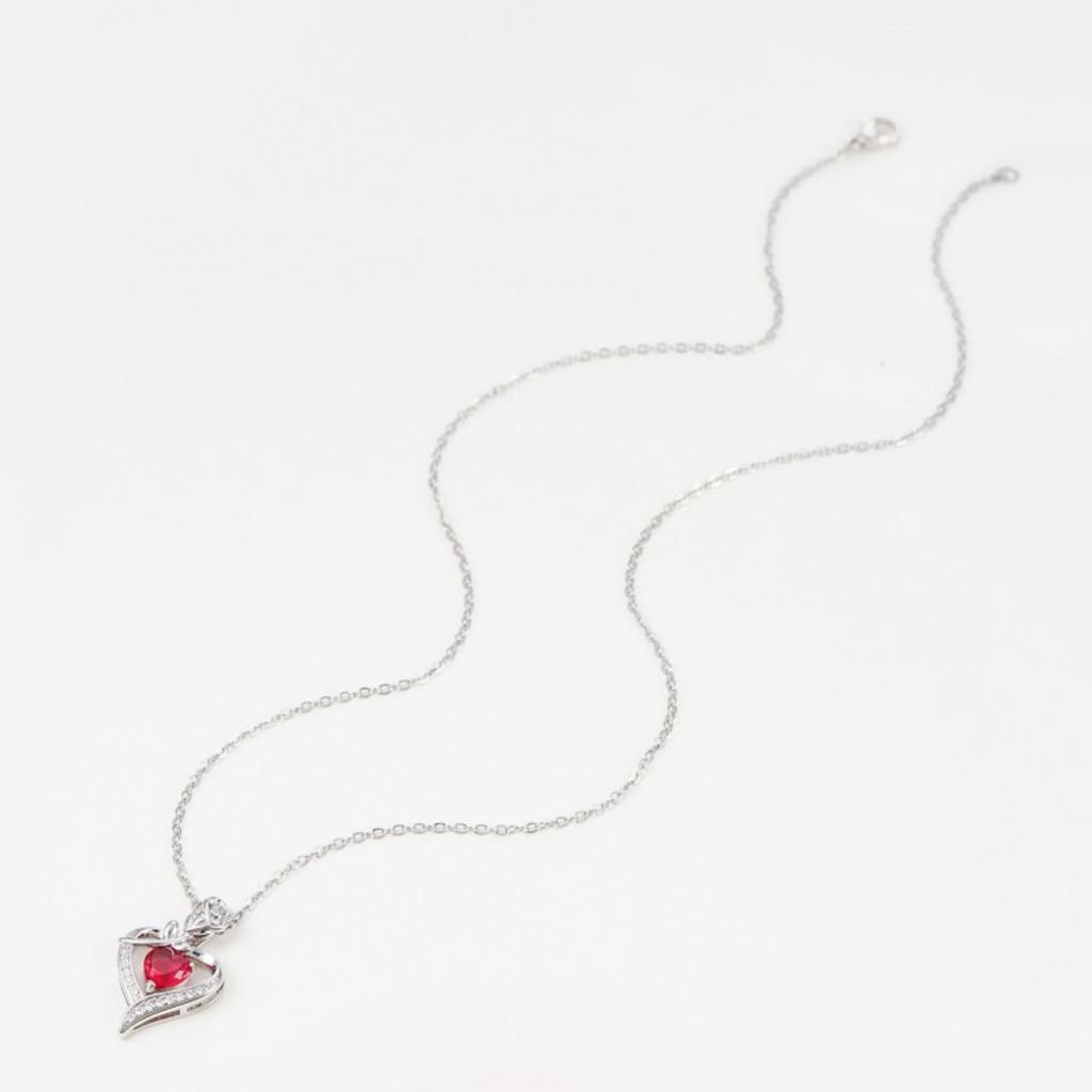 Women Red Heart Stone Pendant Necklace with Rose and Sparkling Accents Elegant Romantic Jewelry