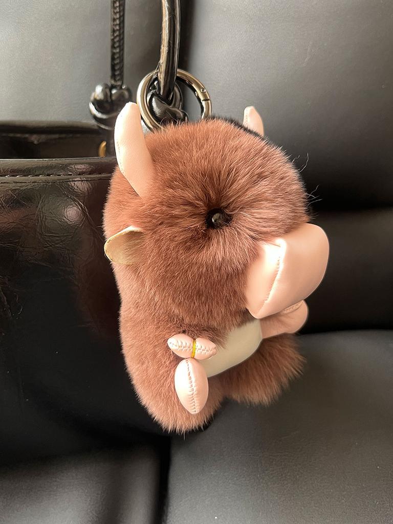 Cute Real Rex Rabbit Fur Cow Keychain Korean Ins Style Fluffy Fur Pendant Plush Doll Bag Charm Accessory for Women Girls Gift