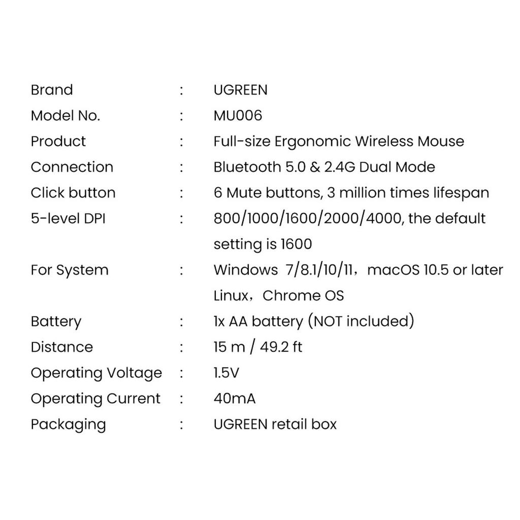 Ugreen MU006 Dual-Mode Wireless Mouse – 2.4GHz USB/Bluetooth 5.0, 4000 DPI Precision, Black