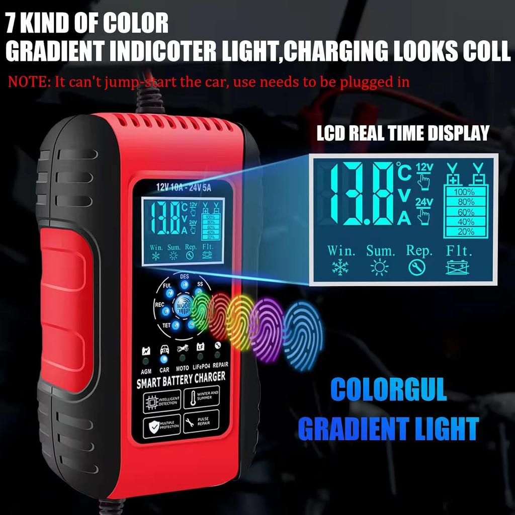 E-FAST Battery Charger, 10A Lifepo4 Lead Acid Car Battery Charger, Upgraded Automobile Trickle Charger 12/24V, All In 1 Battery Maintainer, For Truck