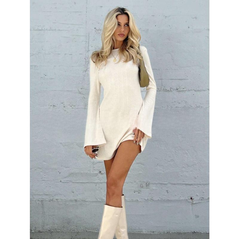 Women's Fashion Spring Autumn Solid Color Print Long Sleeve O-Neck High Waist Casual Dresses