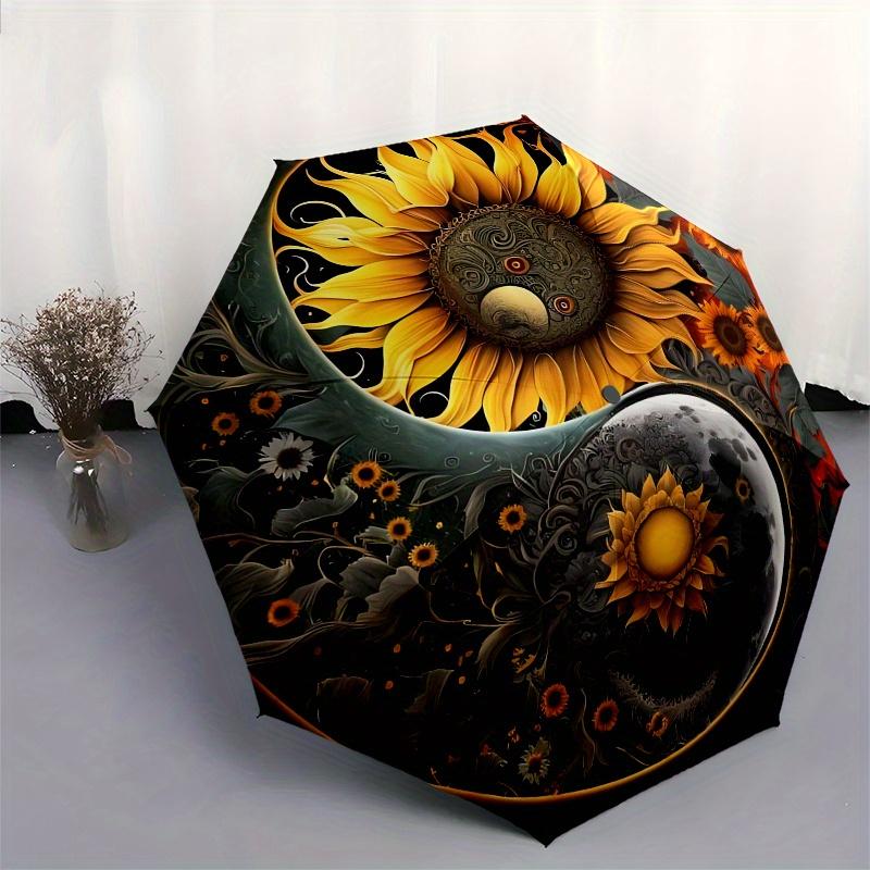 "Yin-Yang Sunflower Moon Nature Art Print"Umbrella, Portable 3-Fold Compact Umbrella for Men & Women ES37