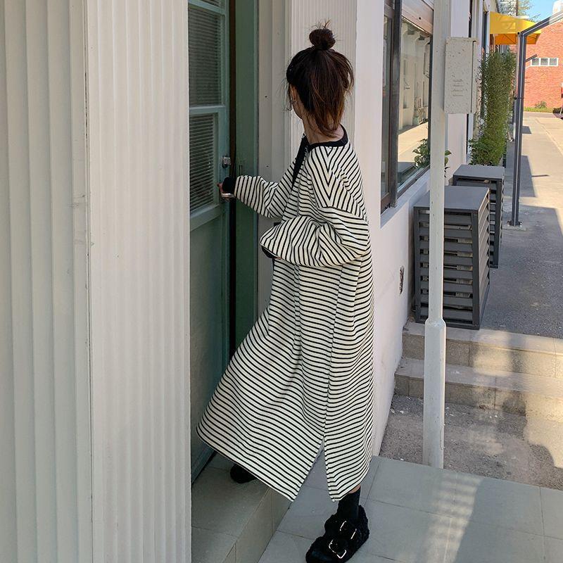 Dress Women's Autumn and Winter New Hem Split Stripes Long Sleeves Loose and Thin