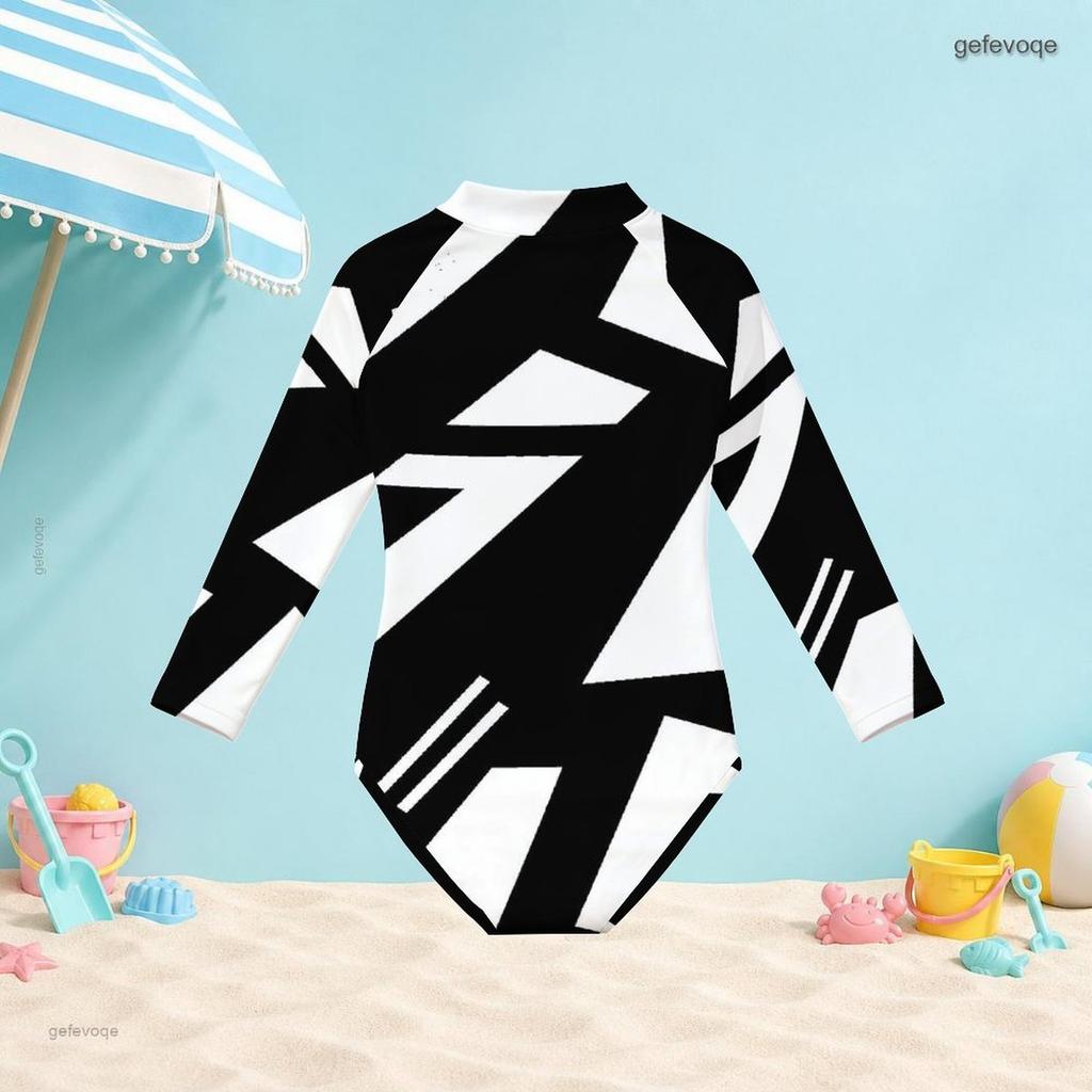 Girls High Neck Long Sleeve Front Zip One Piece Swimsuit Black White Geometric Printed