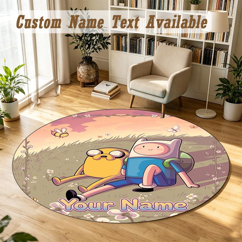 Round Rug Custom NameAdventure Time Pattern Non Slip Carpet Home Floor Decor