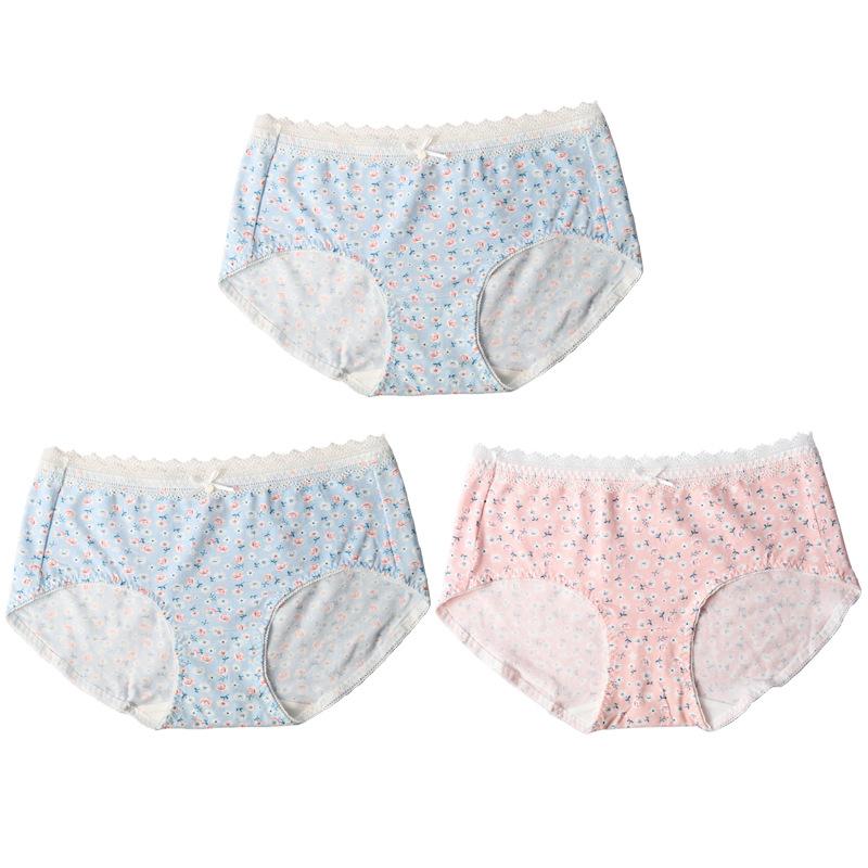 Spodní prádlo třídy A Vysoce elastické antibakteriální kalhotky se středním pasem pro ženy Květinové kalhotky s krajkovým potiskem Pohodlné prodyšné kalhotky