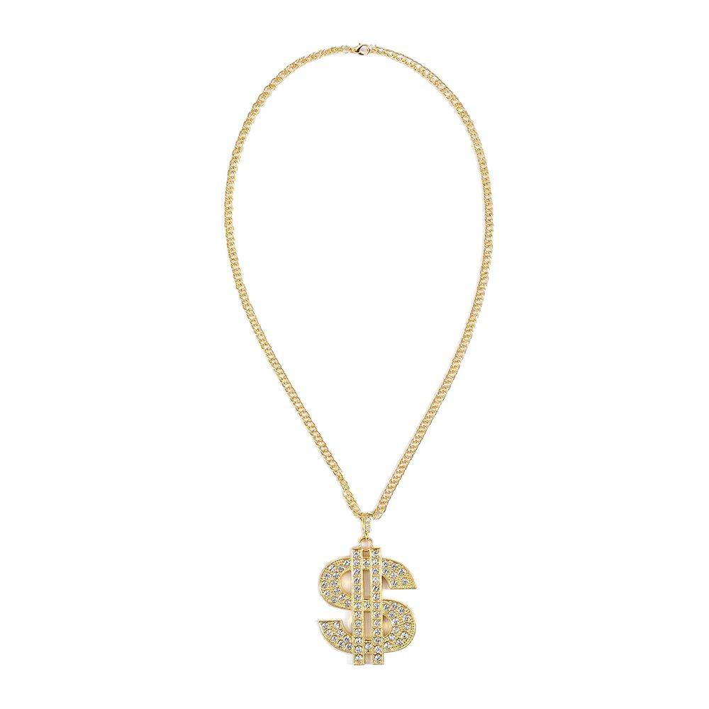 Unisex Retro Hip Hop Rhinestone Dollar Symbol Pendant Necklace