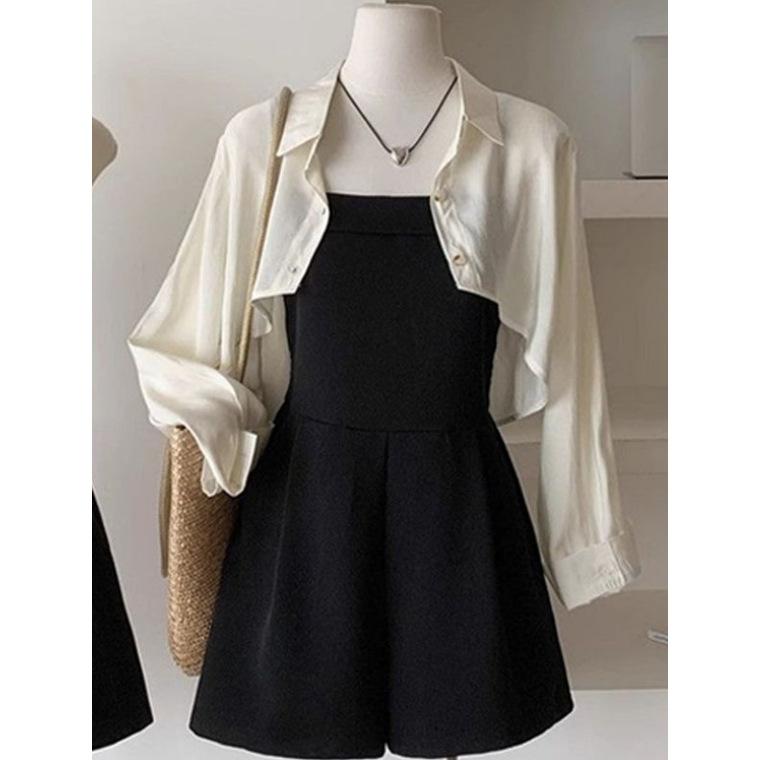 French fashion suspender one-piece shorts shirt two-piece set women s 2026 summer overalls + cardigan casual suit S