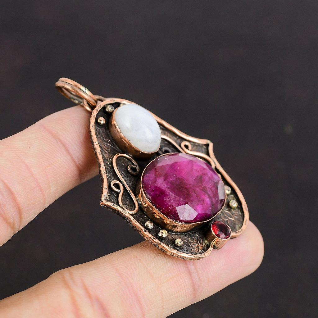 Faceted Kashmir Ruby Pendant Rainbow Moonstone Pendant Mozambique Garnet Pendant Copper Pendant Beautiful Gemstone Jewelry Handmade Pendant