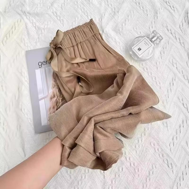 

Брюки палаццо из ледяного шелка с уксусной кислотой 2025 лето тонкие атласные повседневные женские брюки с высокой талией прямого кроя длинные брюки XS хаки