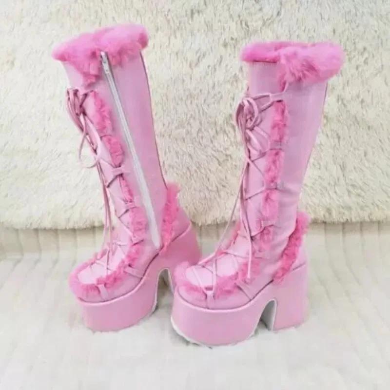 Nowe zimowe damskie buty śnieżne na platformie, klinowe, na wysokim obcasie, sztuczne futro, damskie buty, pluszowe, ciepłe, antypoślizgowe, do połowy łydki, buty gotyckie