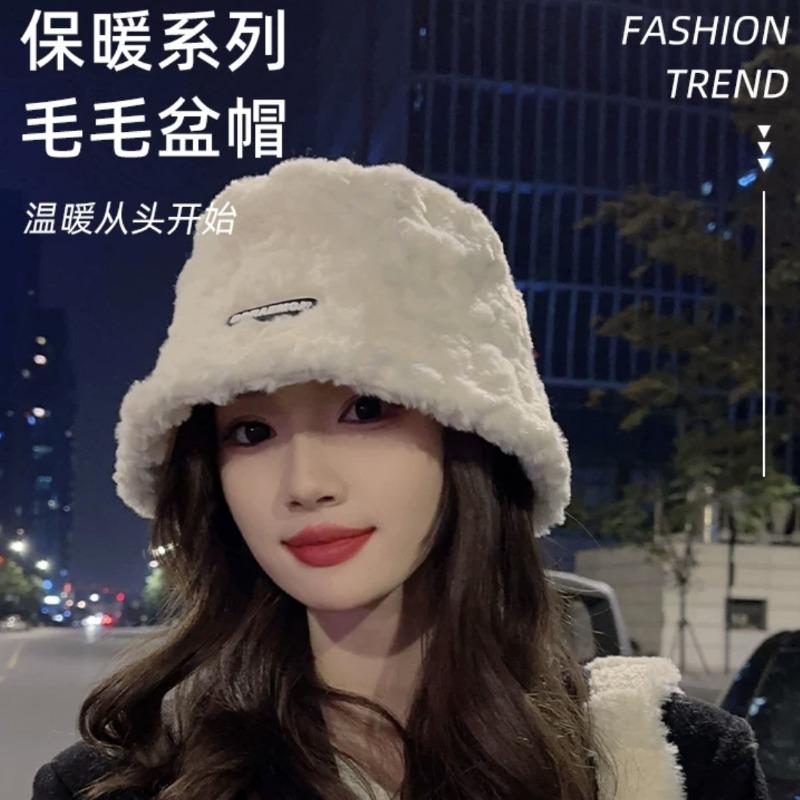 White plush fisherman's hat children's autumn and winter new thickened plush warm bucket hat temperament versatile plain basin hat
