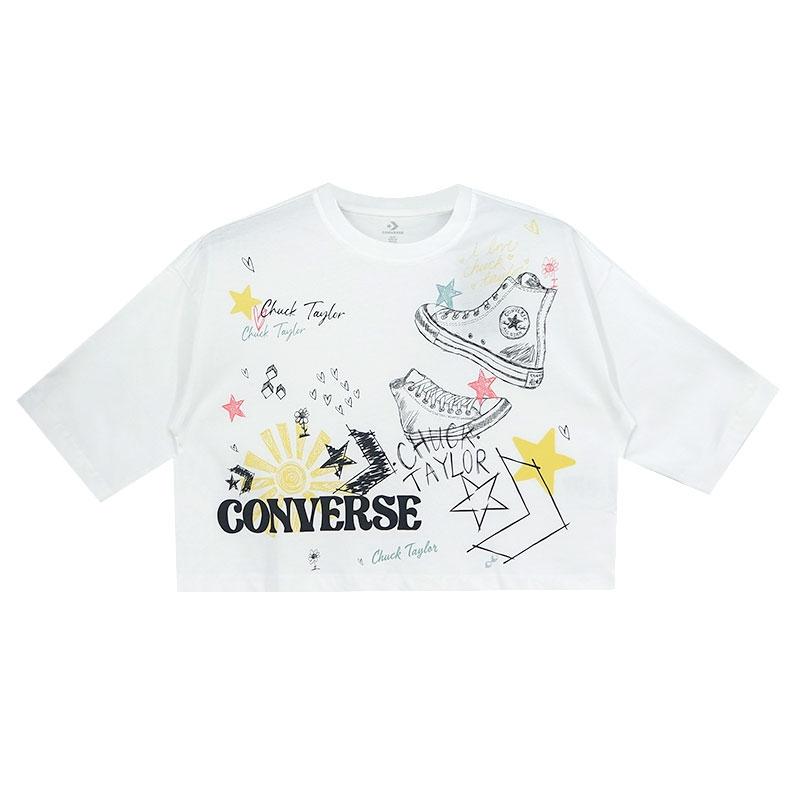 

Converse Vintage Graffiti Print Свободная укороченная футболка с короткими рукавами Женские топы Белые 10022825-A02