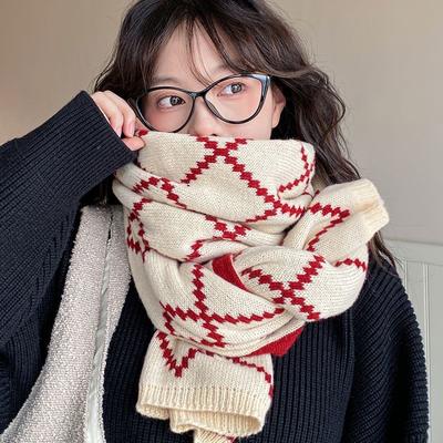 Roter Schal für Damen Wintergeschenk Karomuster Vielseitig Paar Neujahr und Weihnachten Gestrickte Wolle High-End-Schal