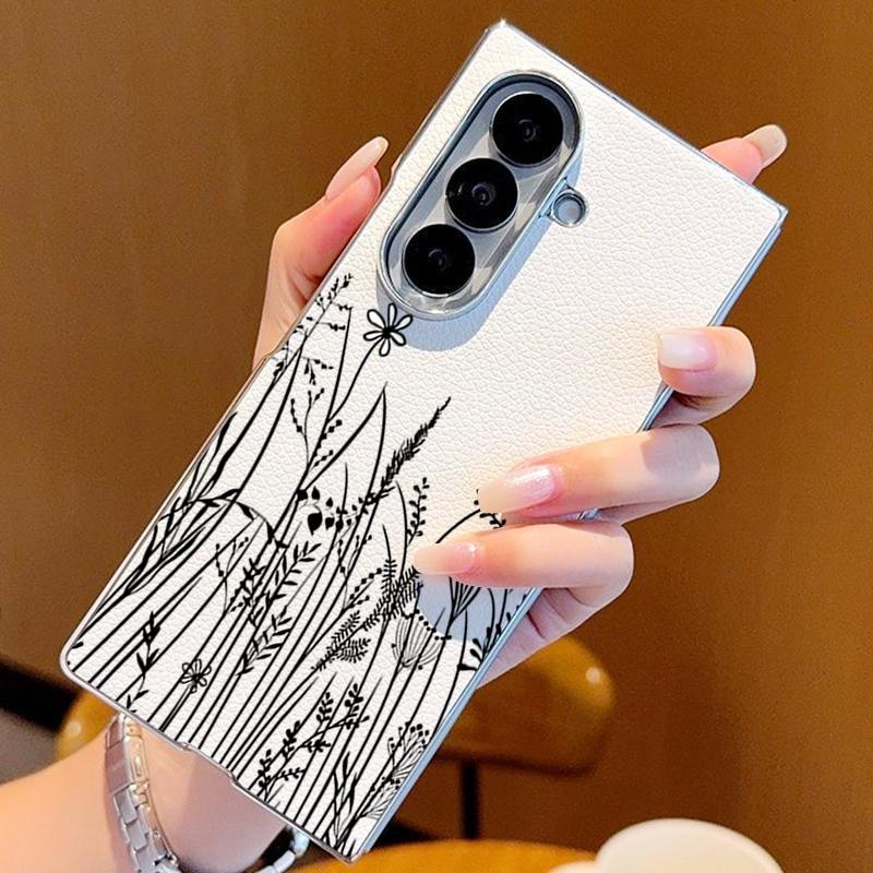 Line Flower Pattern Case For Samsung Z Fold 7 6 5 Luxury Hybrid 3in1 Leather Skin Plating Folding Phone Cover For Samsung Z Fold7 Fold6 Fold5